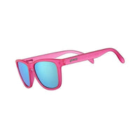 Óculos de sol Goodr Brasil modelo Flamingos on a Booze Cruise com armação rosa e lentes azuis espelhadas polarizadas.