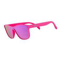 Óculos de sol Goodr Brasil VRG com armação rosa e lentes roxas espelhadas polarizadas para performance esportiva.