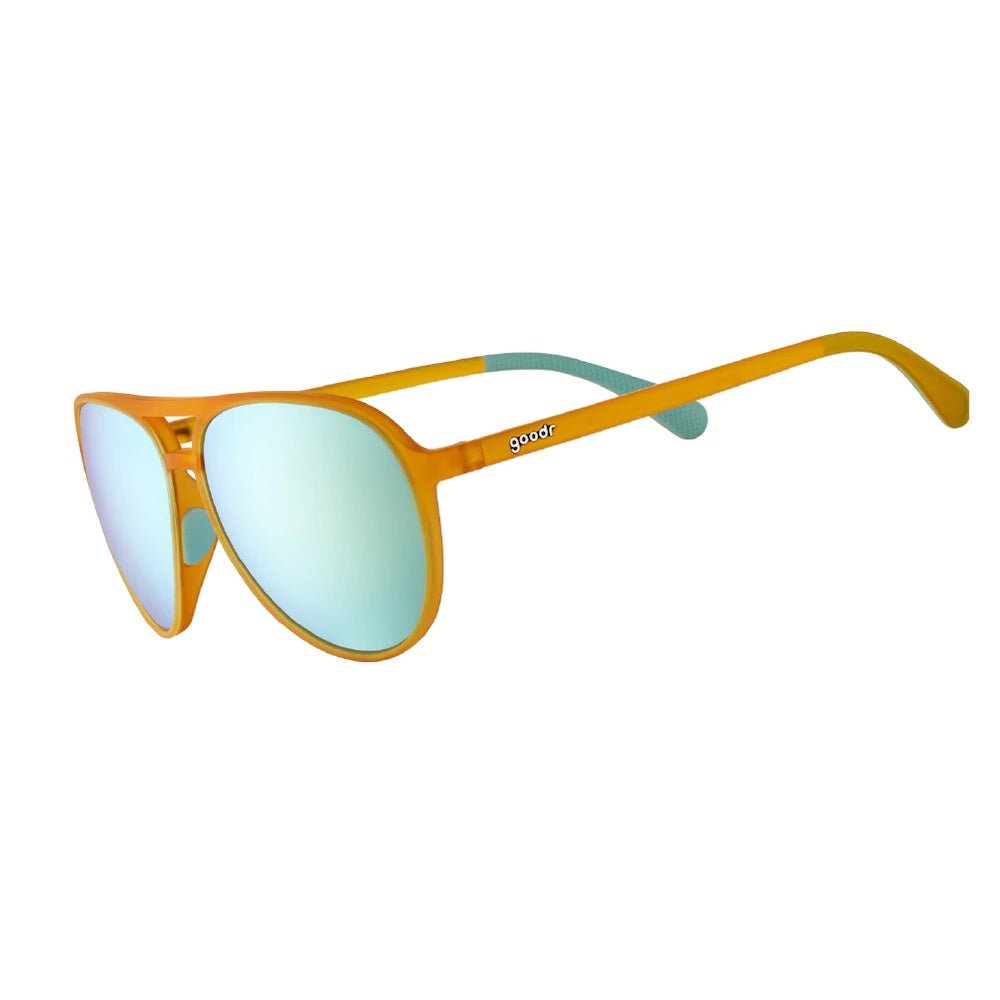 Óculos de sol amarelo unissex com armação aviador e lente azul espelhada, polarizada com proteção UV400.