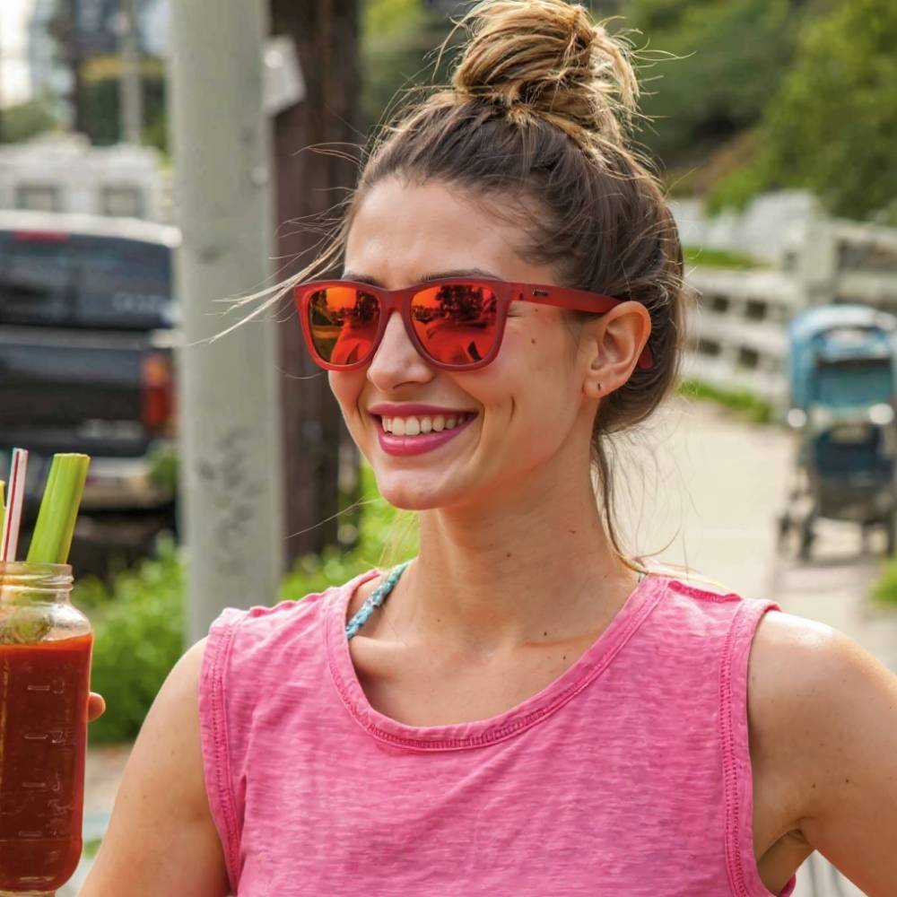 Óculos de Sol Polarizado Quadrado com Armação Vermelha e Lente Amarela Espelhada - Phoenix at a Bloody Mary Bar