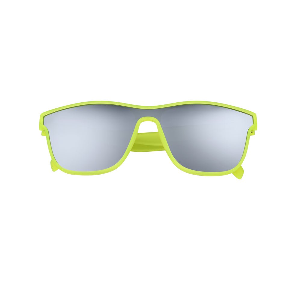 Óculos de sol verde unissex com armação quadrada e lente única cinza espelhada, polarizada com proteção UV400. O acessório é leve, confortável e não escorrega ou pula no rosto ao realizar esportes.