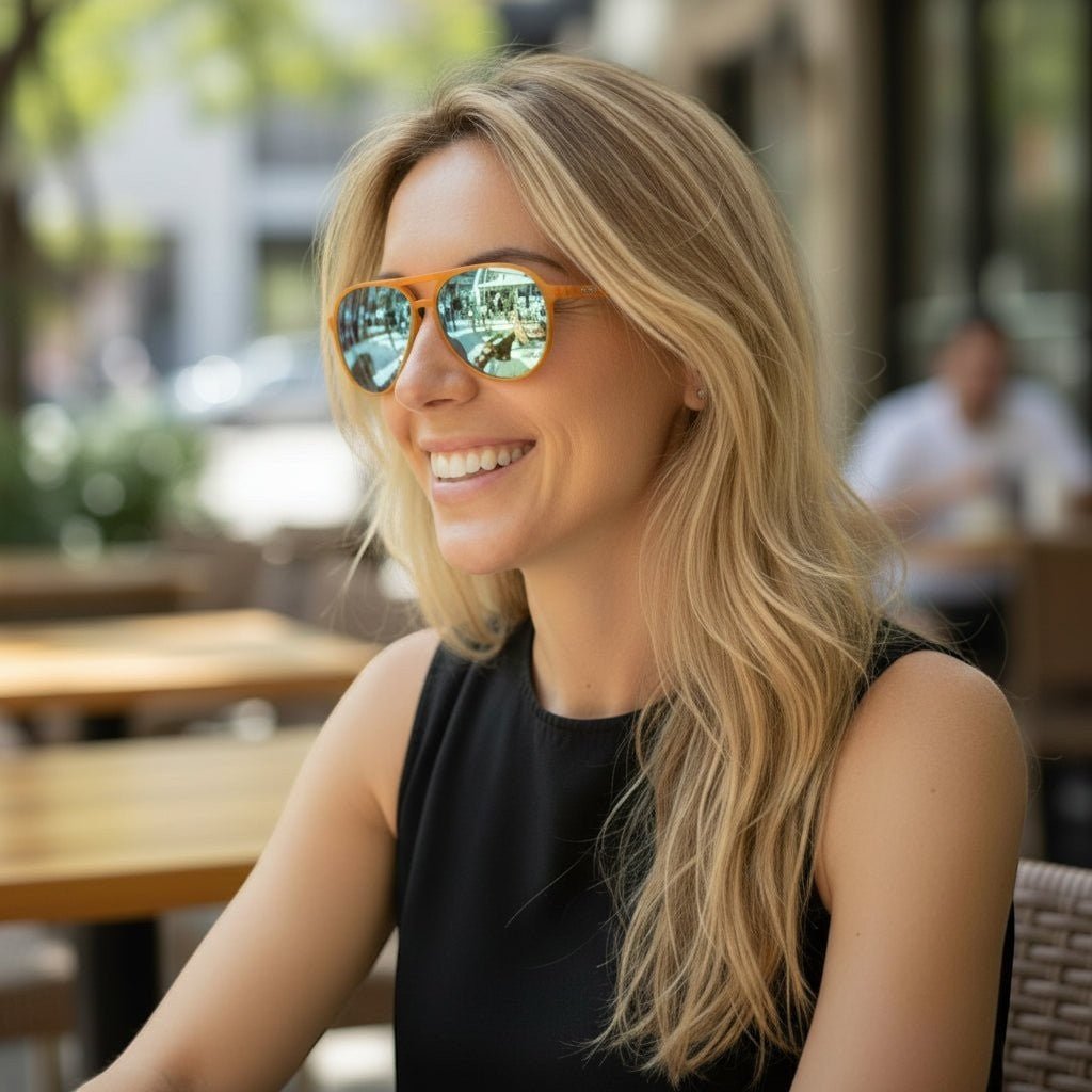Mulher loira usando óculos de sol Goodr Brasil modelo aviador com armação amarela e lentes azuis espelhadas.