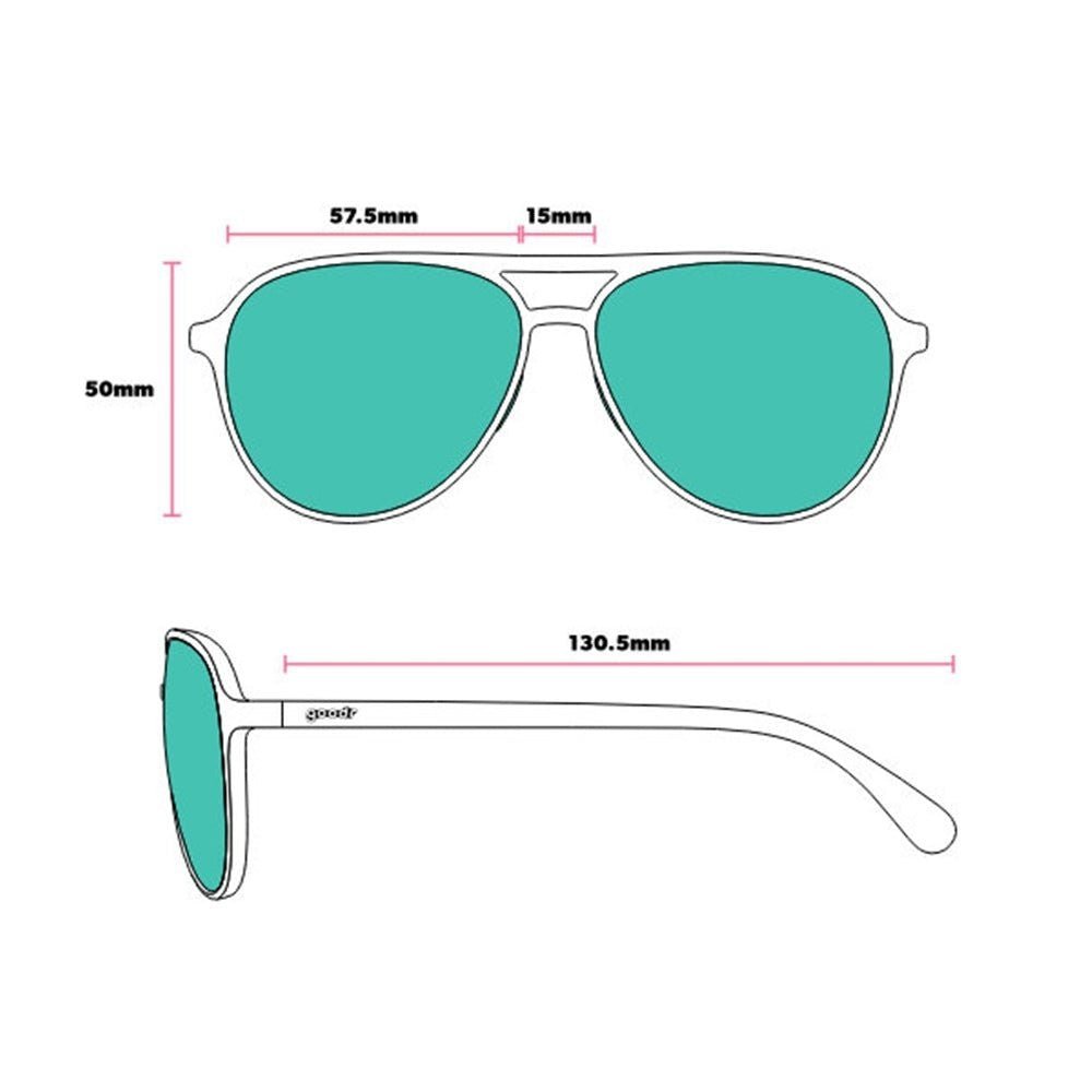 Esquema técnico das medidas do óculos de sol aviador Goodr Brasil Kitty Hawkers Ray Blockers com lentes espelhadas