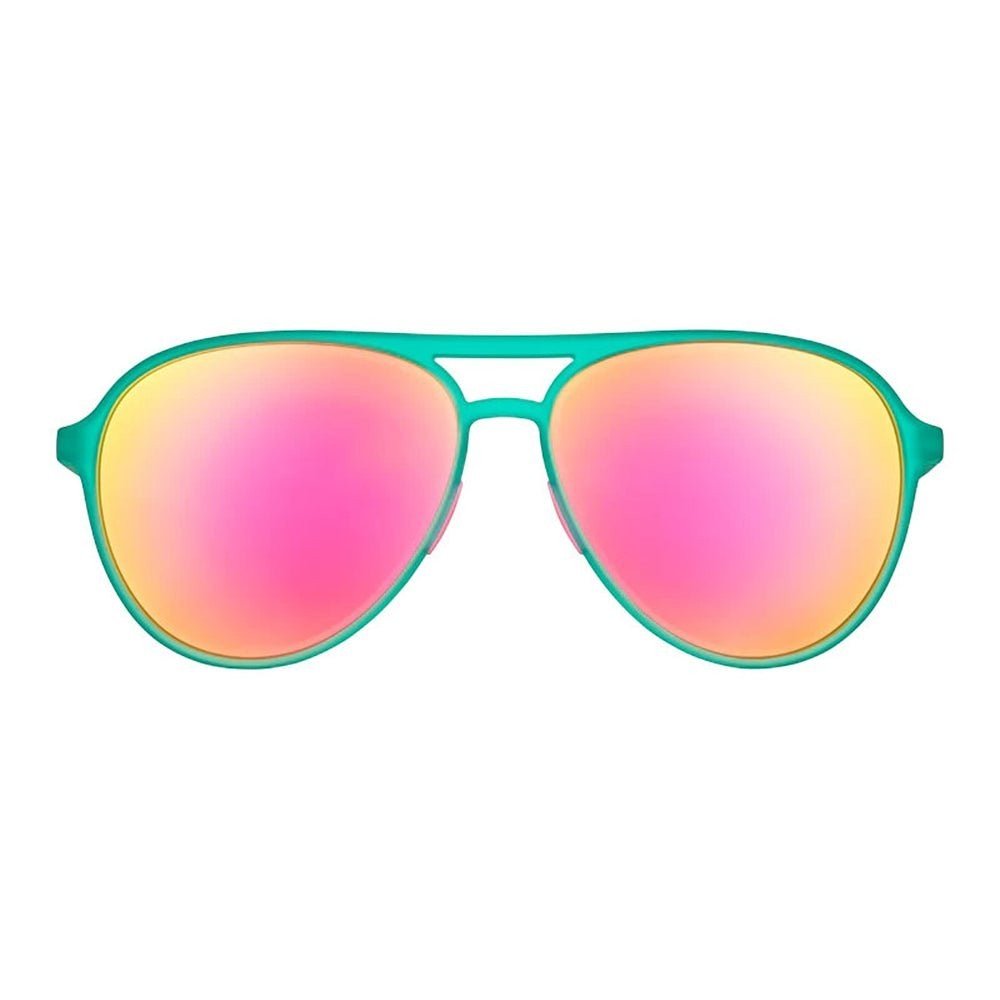 Óculos de sol Goodr Brasil estilo aviador com armação verde e lentes espelhadas em tons de rosa e amarelo