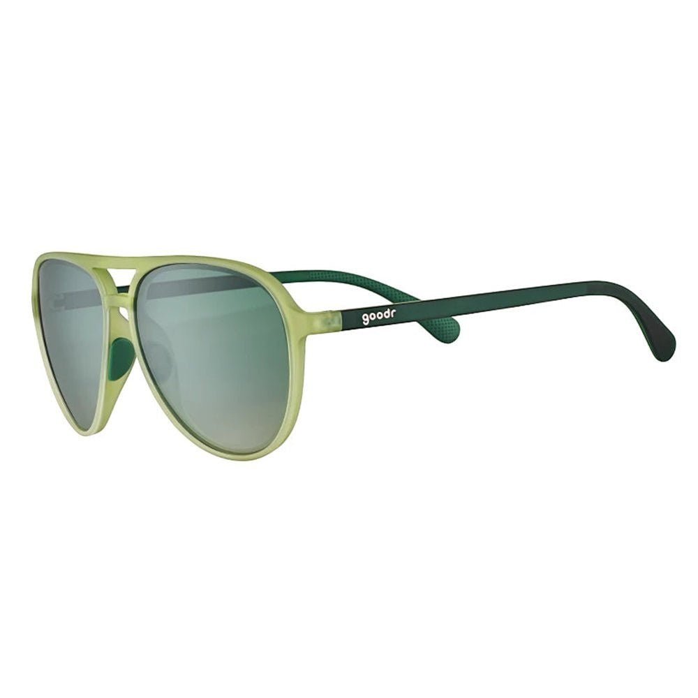 Óculos de sol Goodr Brasil modelo aviador Buzzed on the Tower com armação e lentes verdes, design esportivo leve.