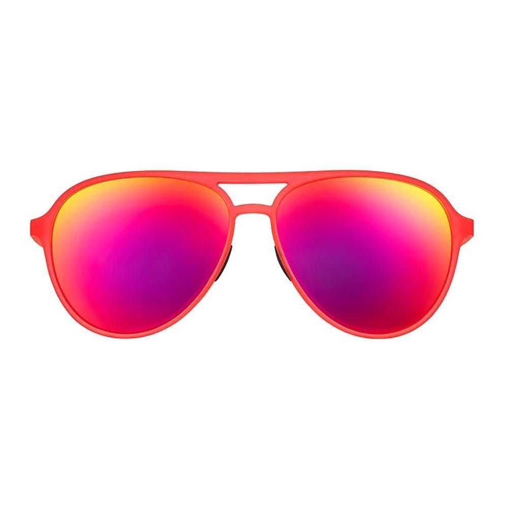 Óculos de sol aviador Goodr Brasil Captain Blunt's Red-Eye com armação vermelha e lentes rosas espelhadas polarizadas.