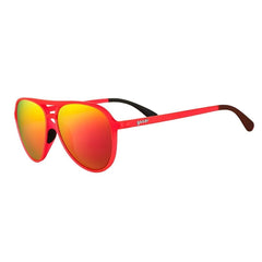 Óculos de sol Goodr Brasil aviador vermelho com lentes rosas espelhadas polarizadas e design esportivo leve.