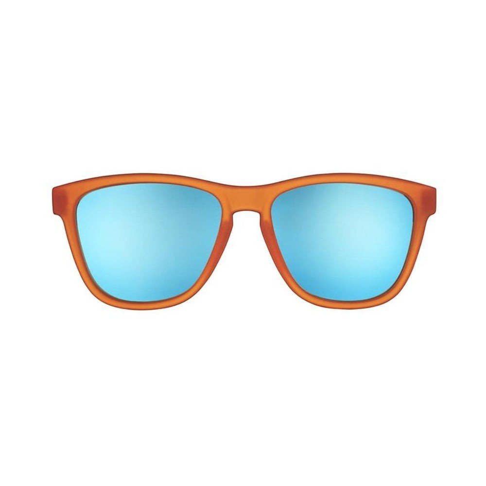 Óculos de sol Goodr Brasil Donkey Goggles com armação laranja quadrada e lentes azuis espelhadas polarizadas.