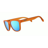 Óculos de sol Goodr Brasil Donkey Goggles com armação laranja fosca e lentes azuis espelhadas polarizadas.
