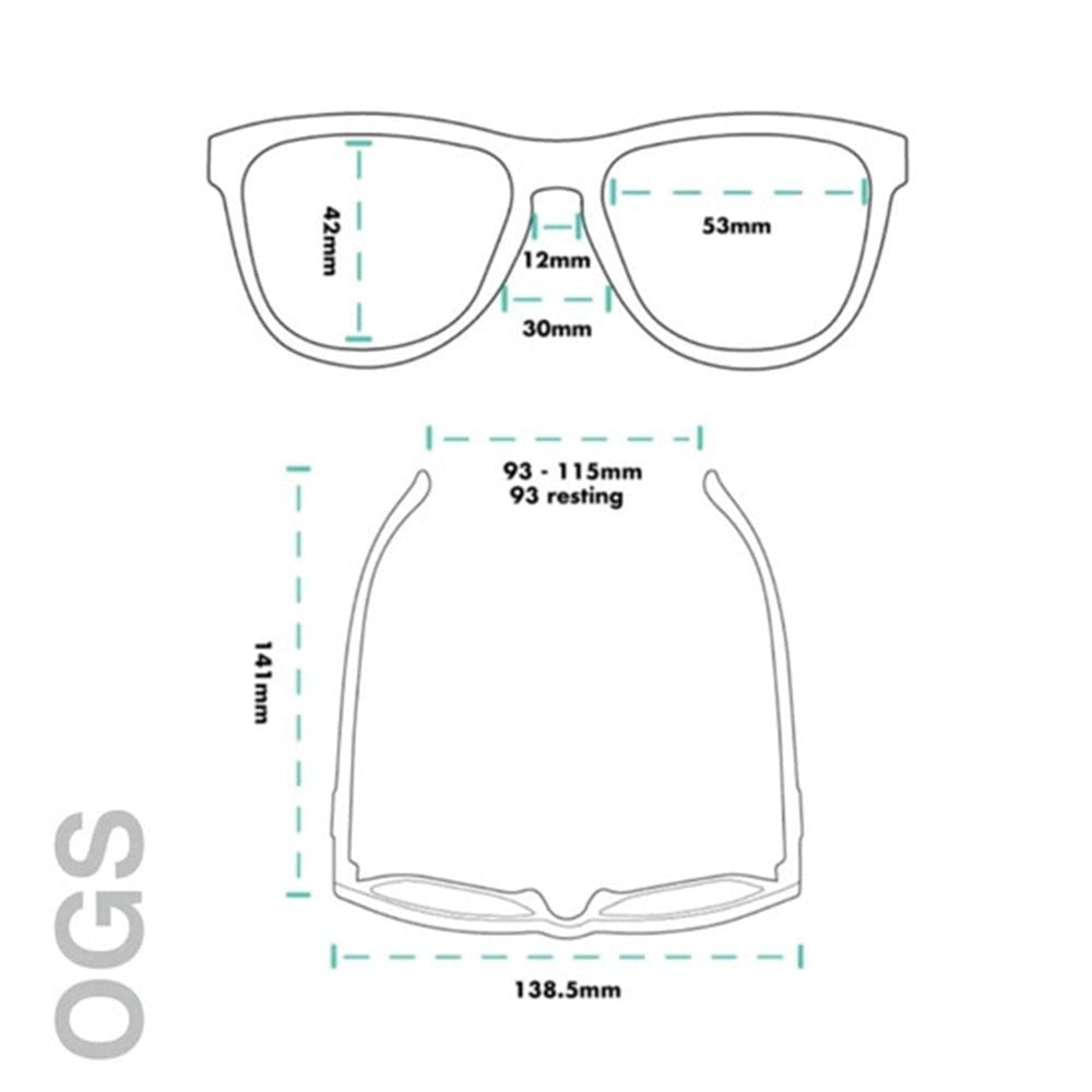 Diagrama de medidas técnicas do óculos Goodr Brasil modelo OG, mostrando largura, altura da lente e comprimento da haste.