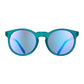 Óculos de sol Goodr Brasil redondo com armação ciano e lentes espelhadas roxas, ideal para esportes e corrida.