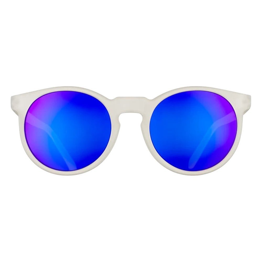 Óculos de sol Goodr Brasil redondo com armação transparente e lentes espelhadas roxas, ideal para corrida.