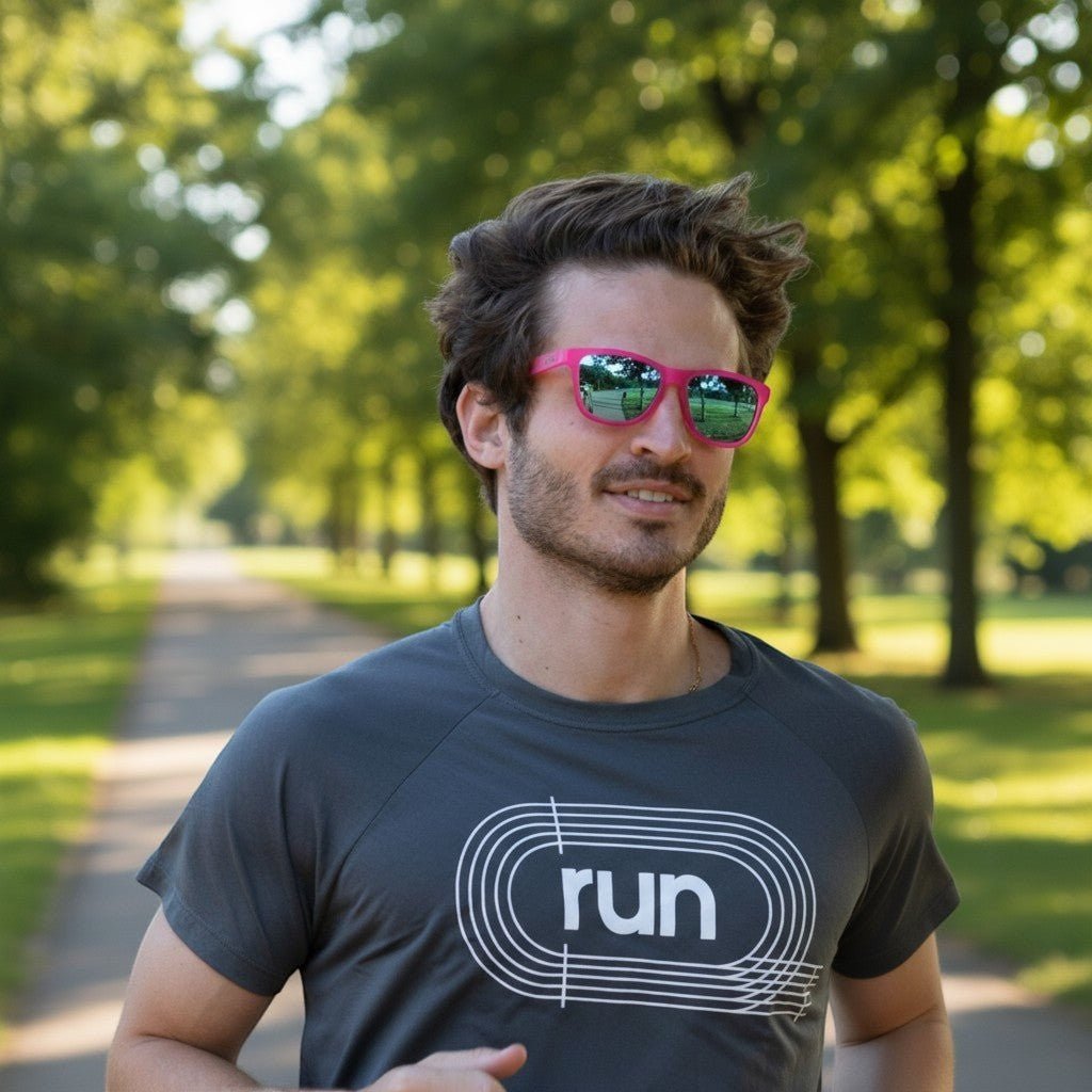 Homem correndo em um parque usando óculos de sol Goodr Brasil com armação rosa e lentes azuis espelhadas.