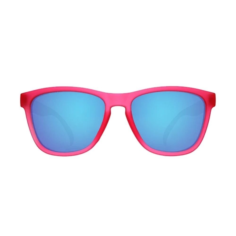 Óculos de sol Goodr Brasil Flamingos on a Booze Cruise com armação rosa e lentes espelhadas azuis polarizadas.