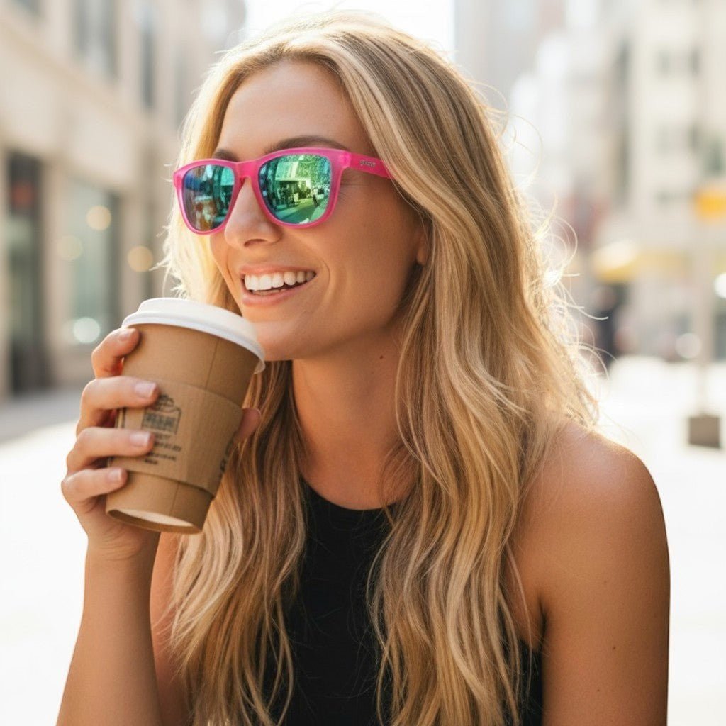 Mulher loira sorrindo usando óculos de sol Goodr Brasil com armação rosa e lentes azuis espelhadas em ambiente urbano
