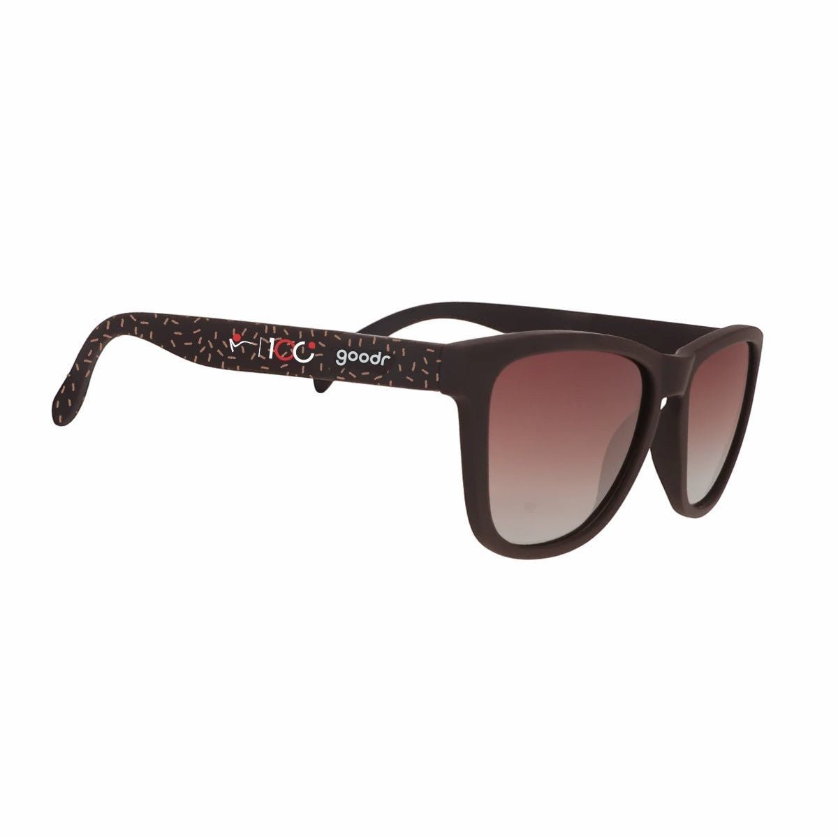 Óculos de sol Goodr Brasil Feliz Pace Novo São Silvestre marrom com lentes polarizadas e estampa de brigadeiro.