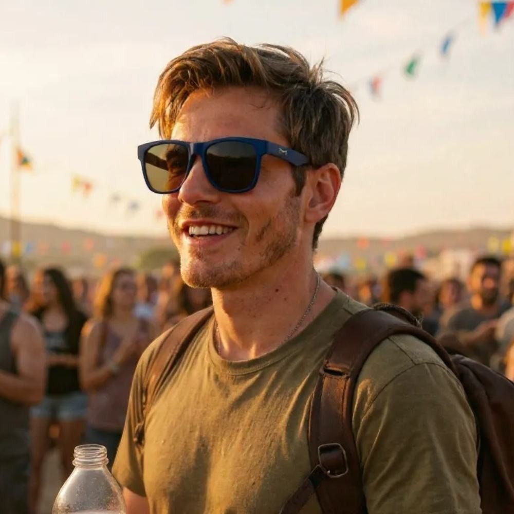 Homem sorridente usando óculos de sol Goodr Brasil Electric Beluga Boogaloo com armação azul e lentes âmbar.