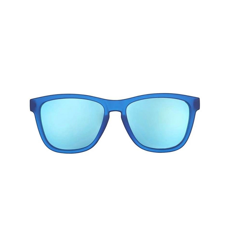 Óculos de sol Goodr Brasil Falkor's Fever Dream com armação azul e lentes espelhadas polarizadas em formato quadrado.
