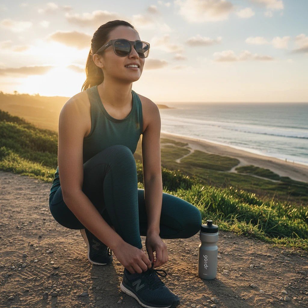 Mulher usando óculos Goodr Brasil Always the Main Event cinza polarizado em trilha ao pôr do sol, estilo esportivo.