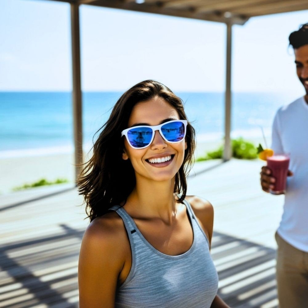 Mulher sorridente usando óculos de sol Goodr Brasil com armação branca e lentes espelhadas azuis em ambiente de praia.