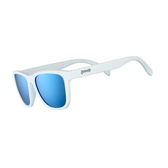 Óculos de sol Goodr Brasil Iced By Yetis com armação branca fosca e lentes espelhadas azuis polarizadas.