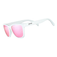 Óculos de sol Goodr Brasil Au Revoir, Gopher com armação branca fosca e lentes espelhadas rosa polarizadas UV400.
