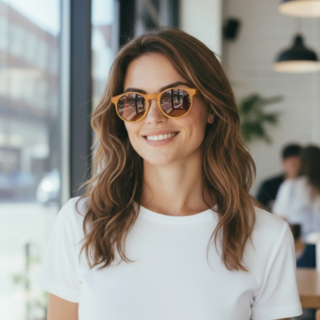 Mulher sorridente usando óculos de sol Goodr Brasil Bodhi's Ultimate Ride com armação caramelo e lentes marrons.