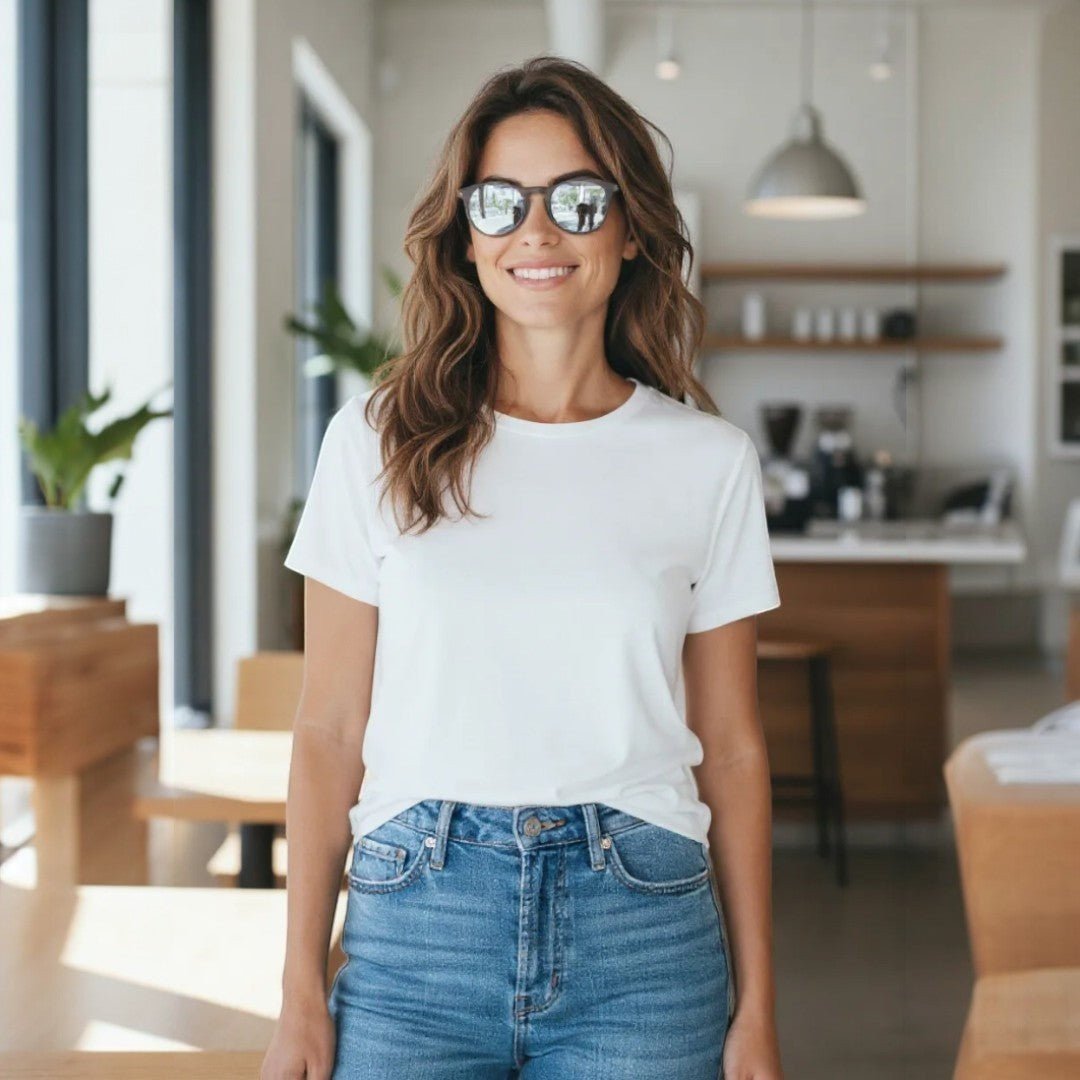 Mulher sorridente usando óculos de sol Goodr Brasil modelo They Were Out com armação cinza e lentes espelhadas