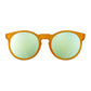 Óculos de sol Goodr Brasil redondo com armação laranja translúcida e lentes espelhadas azuis, estilo esportivo.