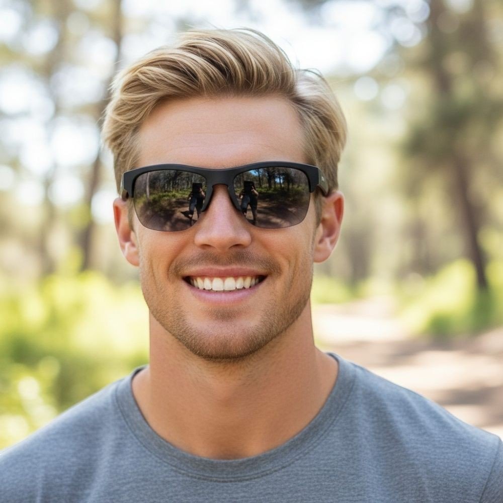 Homem loiro sorrindo usando óculos de sol Goodr Brasil modelo That New Asphalt Smell com armação preta e lente degradê