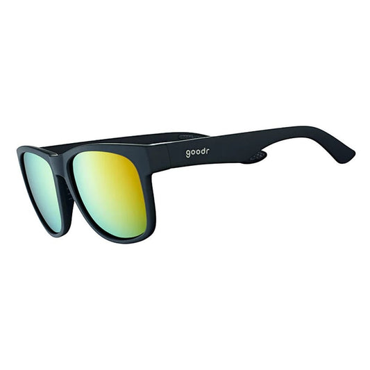 Óculos de sol Goodr Brasil BFG com armação preta fosca e lentes espelhadas amarelas polarizadas para esportes.