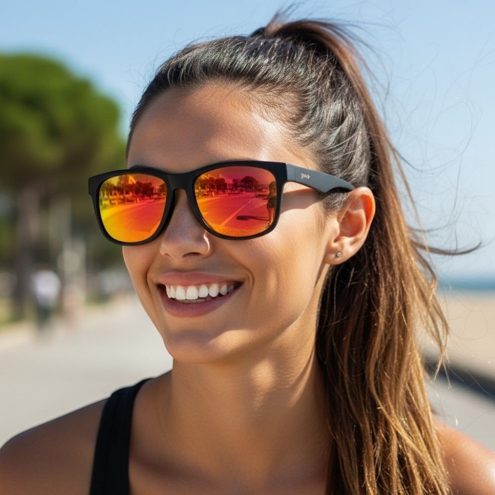 Mulher sorridente usando óculos de sol Goodr Brasil BFG com armação preta e lentes espelhadas amarelas ao ar livre.
