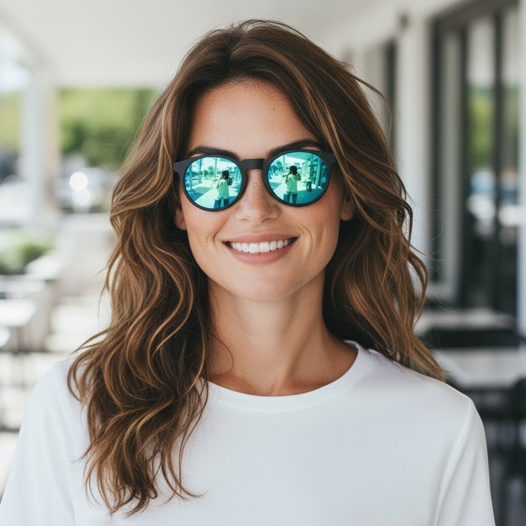 Mulher sorridente usando óculos de sol Goodr Brasil pretos redondos com lentes azuis espelhadas e polarizadas