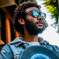 Homem usando óculos de sol Goodr Brasil redondo com armação preta e lentes azuis espelhadas em ambiente externo