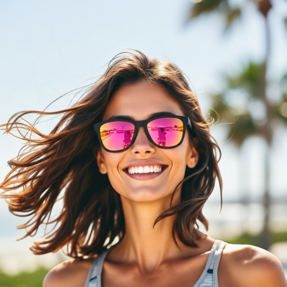 Mulher sorridente usando óculos de sol Goodr Brasil Professional Respawner com armação preta e lentes rosa espelhadas.