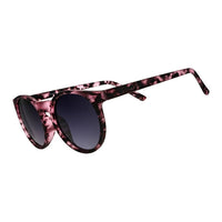 Óculos de sol Goodr Brasil Circle G com armação redonda rosa estampada e lentes pretas polarizadas para corrida.
