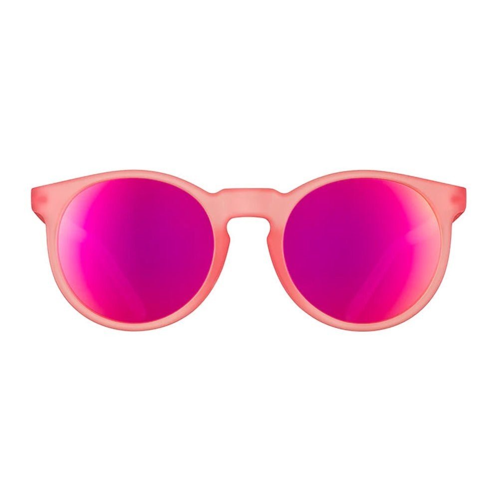 Óculos de sol Goodr Brasil redondo rosa com lentes espelhadas, ideal para esportes e uso casual.