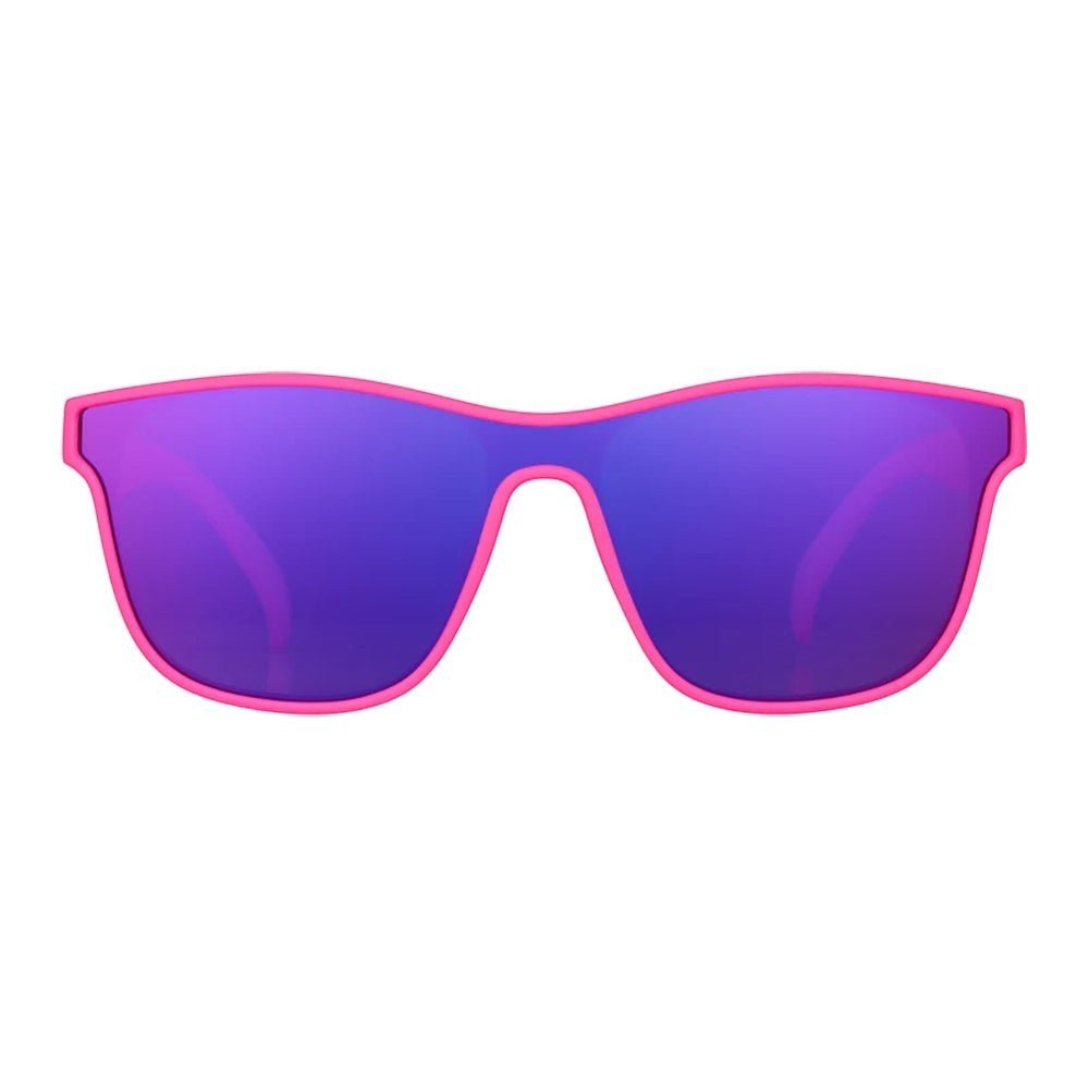 Óculos de sol Goodr Brasil modelo VRG com armação rosa e lentes roxas espelhadas polarizadas de alta performance.