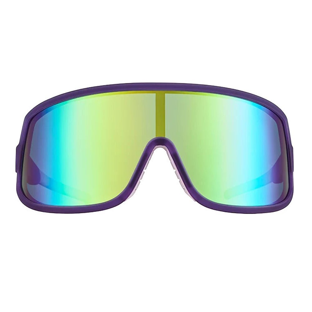 Óculos de sol Goodr Brasil com armação roxa e lente única espelhada verde, estilo esportivo wrap g.