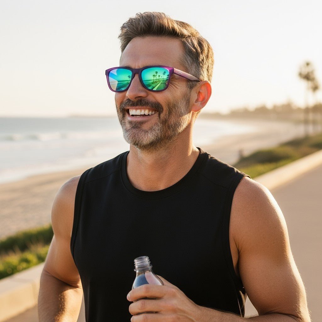 Homem correndo na praia usando óculos de sol Goodr Brasil com armação roxa e lentes polarizadas verdes espelhadas.