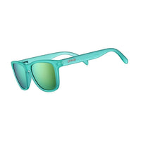 Óculos de sol Goodr Brasil Midnight Orgy com armação verde e lentes espelhadas polarizadas para corrida.