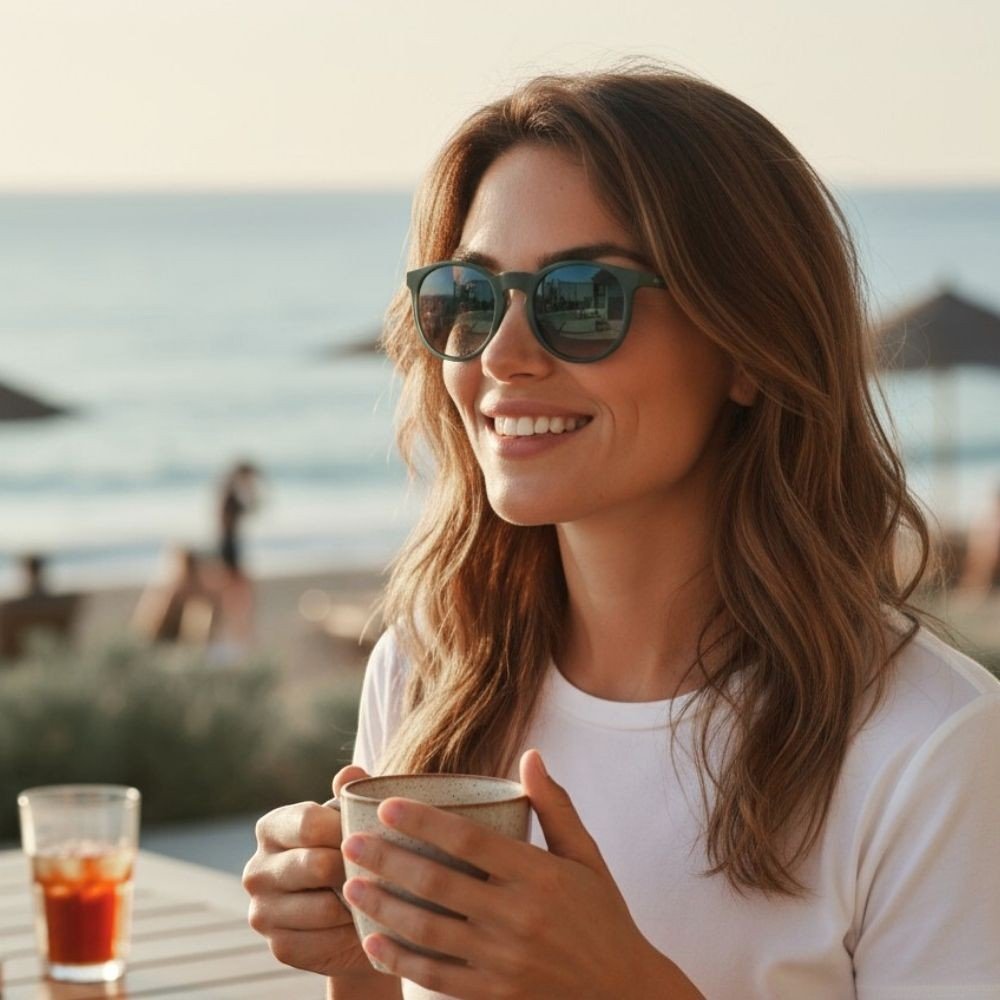 Mulher sorridente usando óculos de sol Goodr Brasil verde redondo com lentes polarizadas em um cenário de praia.