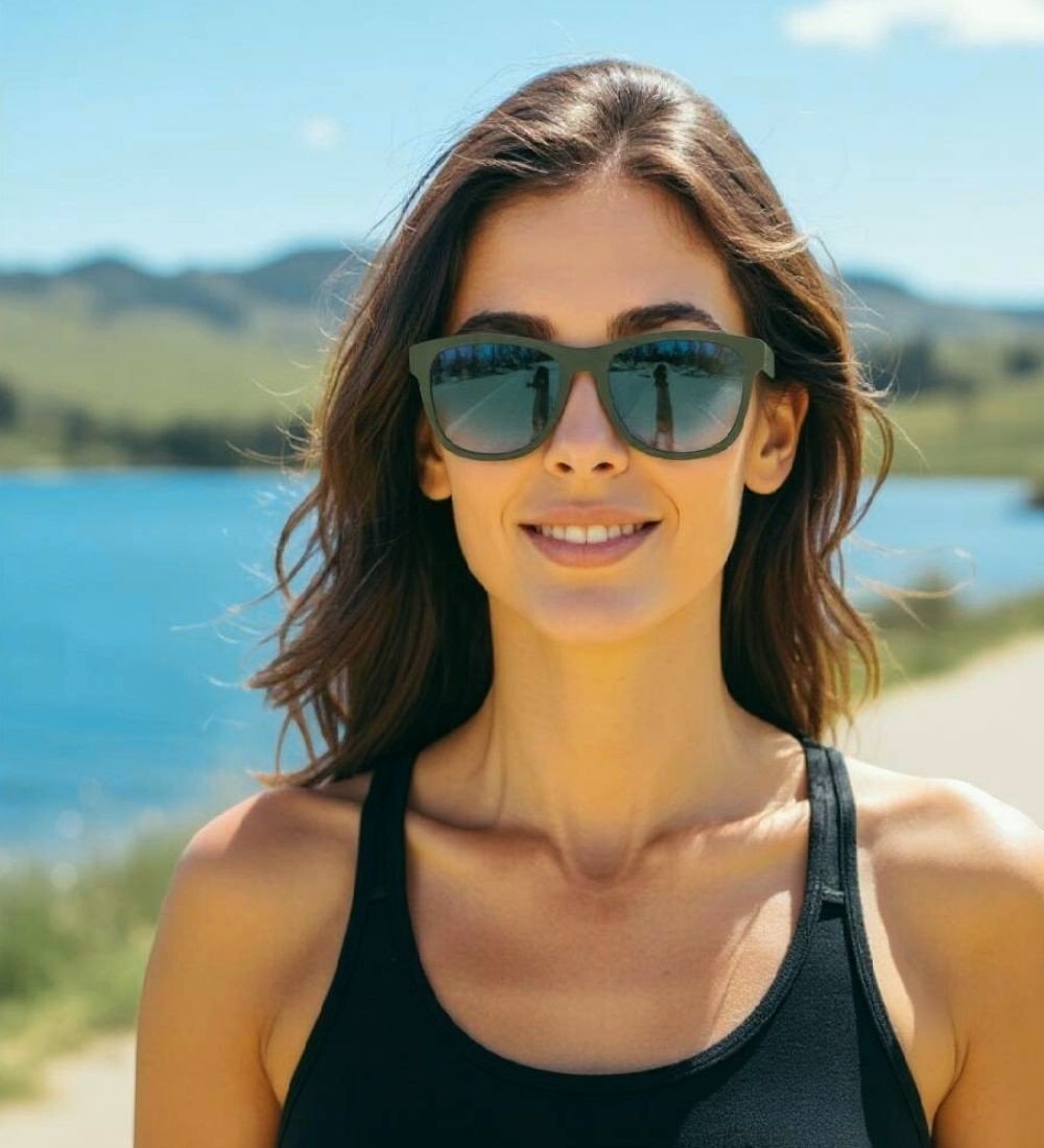 Mulher usando óculos de sol Goodr Brasil BFG verde com lentes espelhadas em ambiente externo ensolarado.