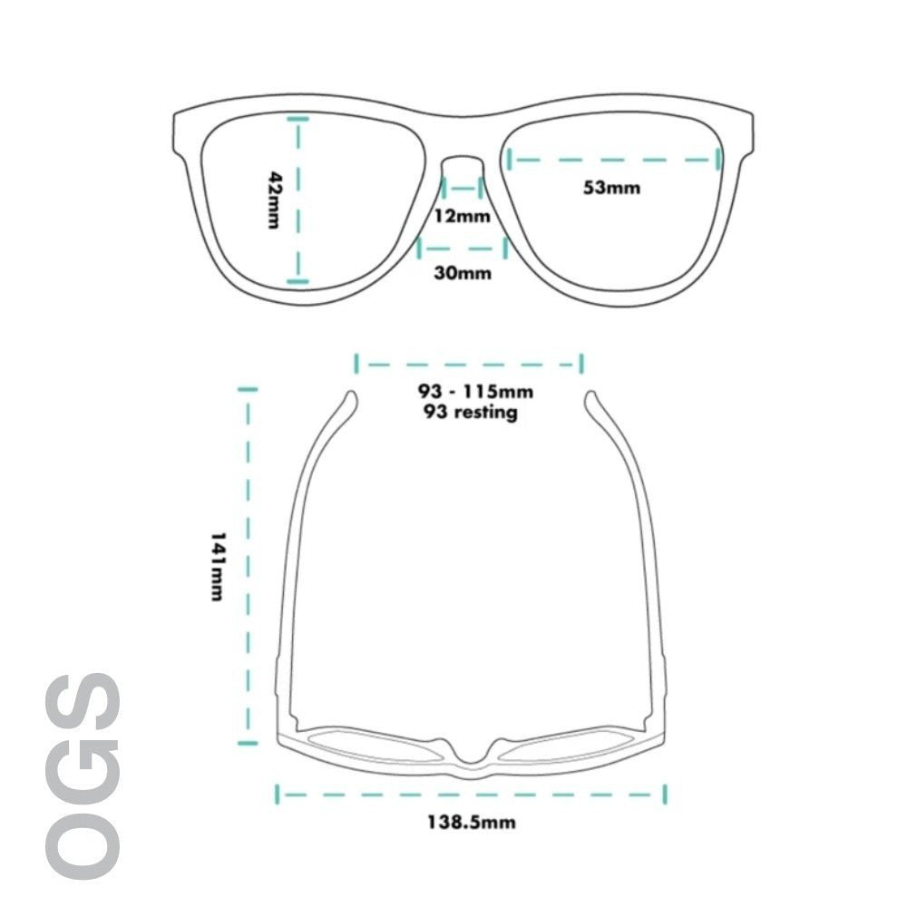 Diagrama técnico com medidas detalhadas do modelo de óculos Goodr Brasil Three Parts Tee, formato OG.