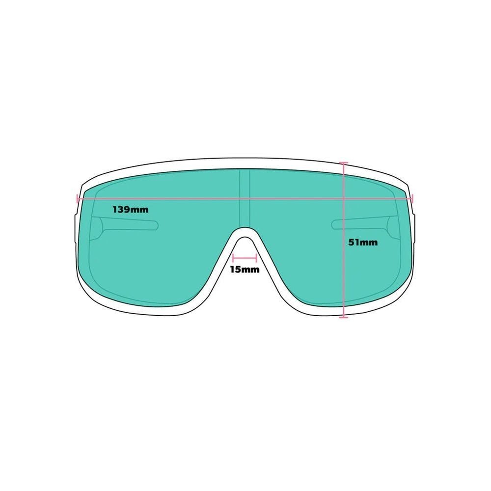 Desenho técnico Goodr Brasil dos óculos de sol modelo Wrap G com medidas de largura, altura e ponte das lentes.