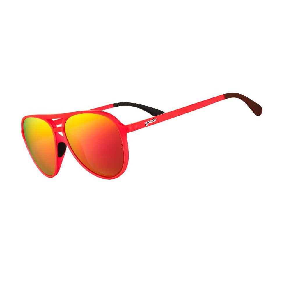 Óculos de sol vermelho unissex com armação aviador e lente rosa espelhada, polarizada com proteção UV400.