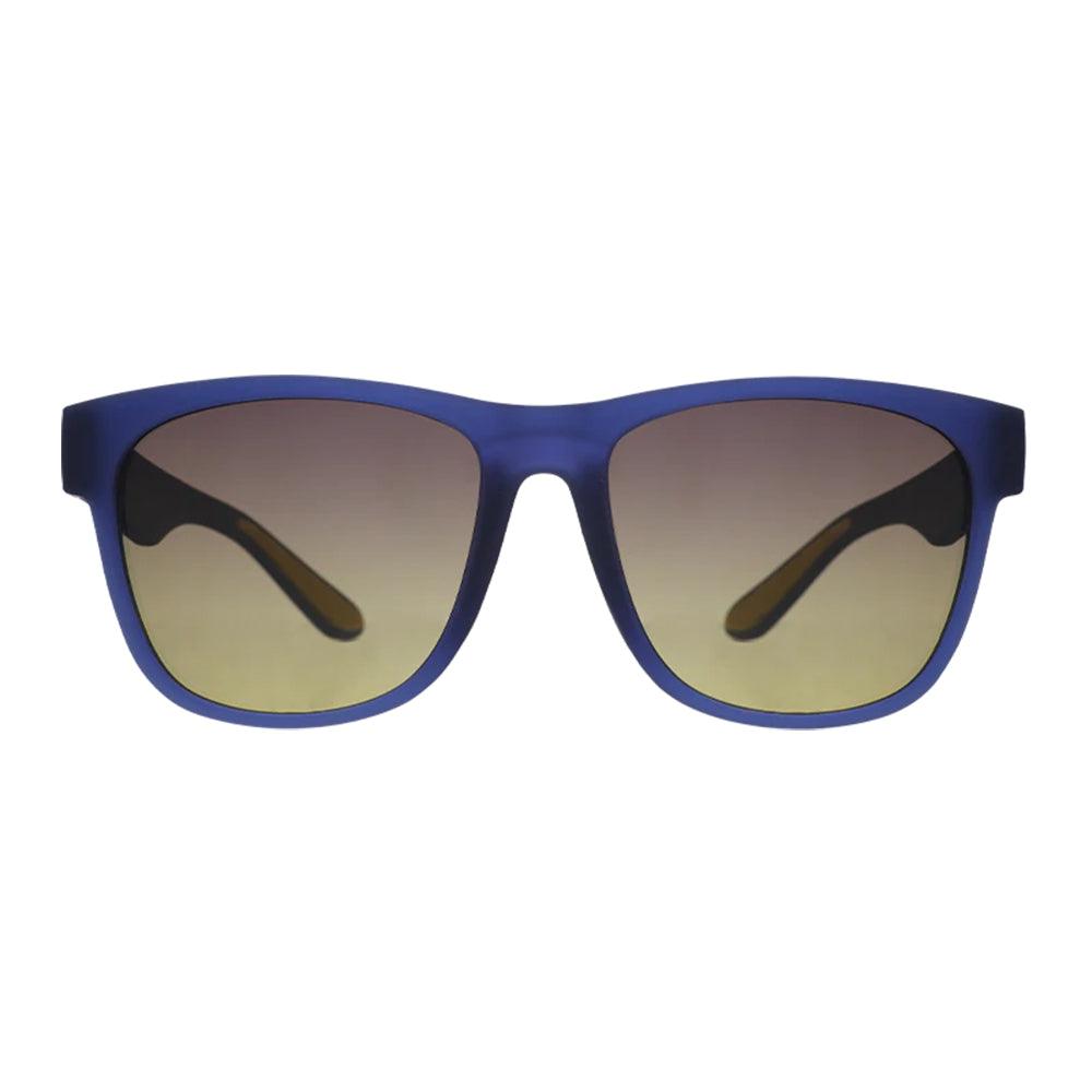 Óculos de sol azul marinho unissex com armação quadrada para rosto grande e lente marrom degradê não refletiva, polarizada com proteção UV400. O acessório é leve, confortável e não escorrega ou pula no rosto ao realizar esportes.