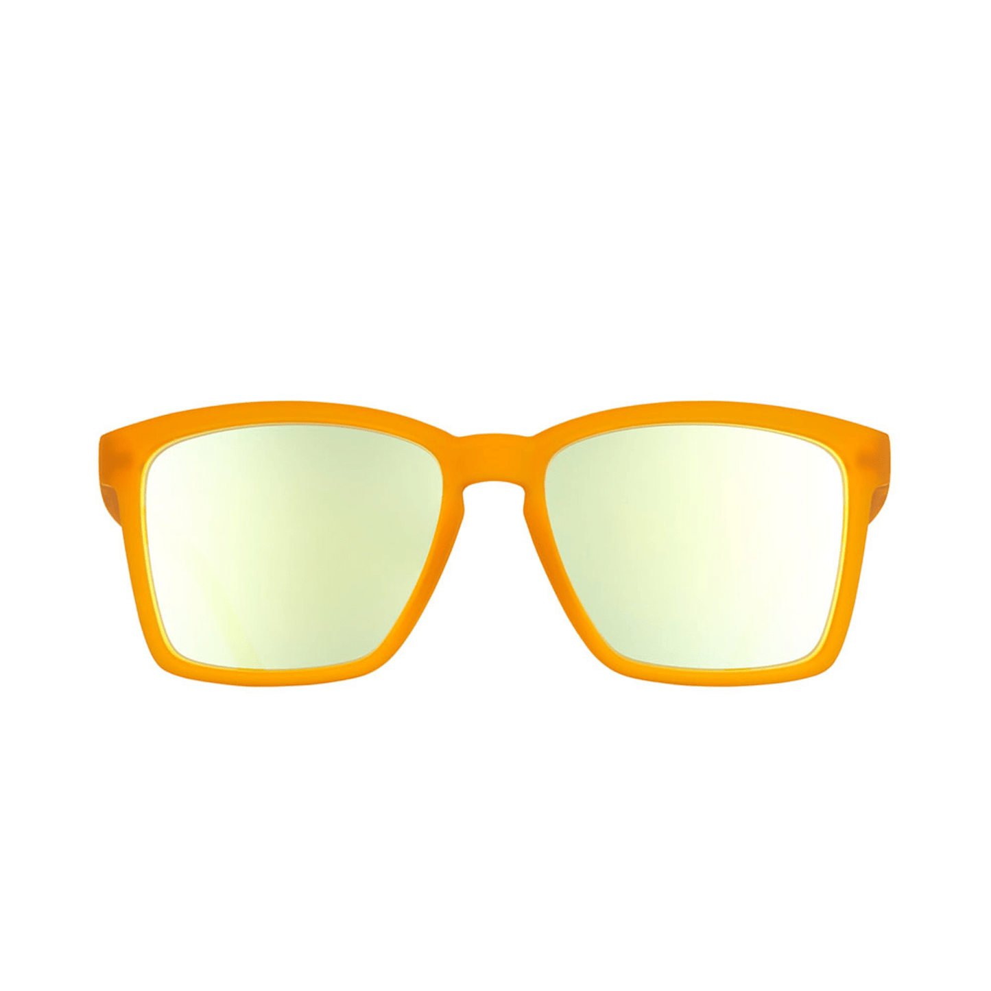 Óculos de sol laranja unissex com armação quadrada para rosto pequeno e lente azul espelhada, polarizada com proteção UV400. O acessório é leve, confortável e não escorrega ou pula no rosto ao realizar esportes.