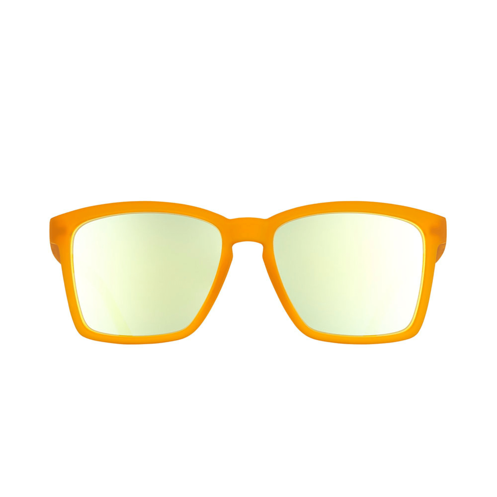 Óculos de sol laranja unissex com armação quadrada para rosto pequeno e lente azul espelhada, polarizada com proteção UV400. O acessório é leve, confortável e não escorrega ou pula no rosto ao realizar esportes.